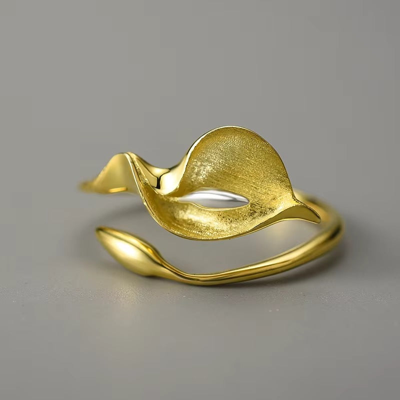Prity Jewel Calla Lily Adjustable Ring – 925 Sterling Silver 18K Gold Plated Floral Ring