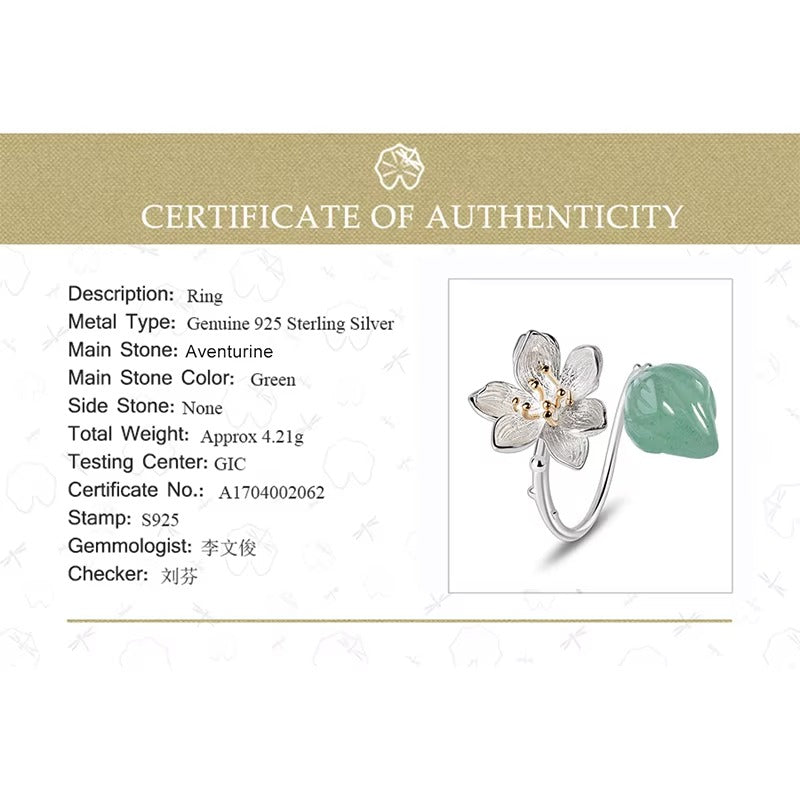 Prity Jewel Aventurine Lotus Flower Ring – 925 Sterling Silver Green Gemstone Adjustable Ring