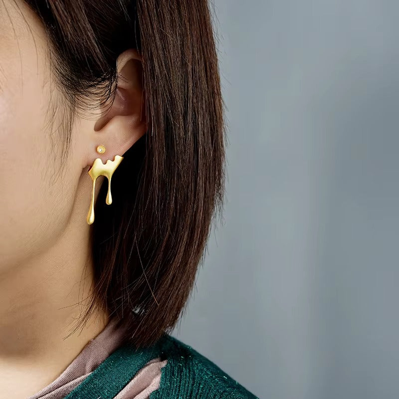 Prity Jewel Bee & Honey Drip Asymmetric Stud Earrings – 925 Sterling Silver 18K Gold Plated Designer Earrings