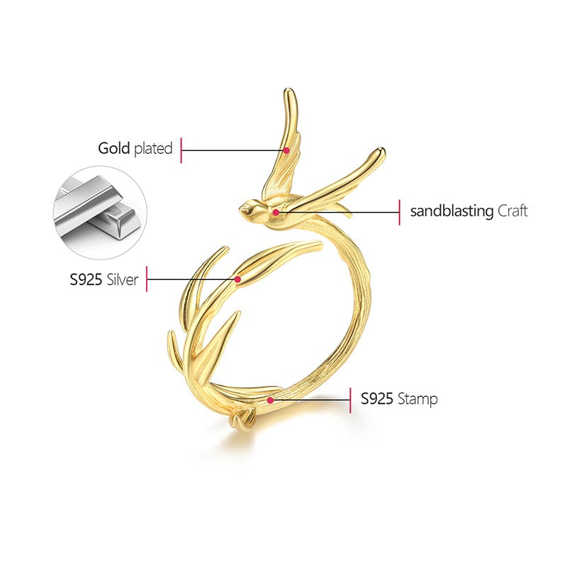 Prity Jewel Swallow & Willow Branch Ring – 925 Sterling Silver 18K Gold Plated Asymmetrical Nature Ring