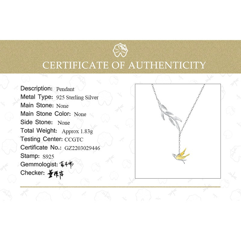 Prity Jewel Swallow & Willow Branch Pendant Necklace – 925 Sterling Silver Bird Jewelry for Women