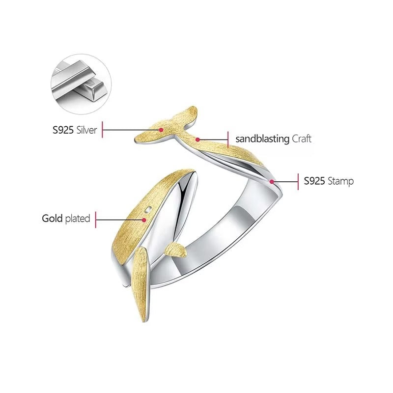 Prity Jewel Whale Adjustable Ring – 925 Sterling Silver 18K Gold Plated Ocean Animal Ring