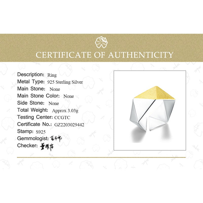 Prity Jewel Origami Geometric Adjustable Ring – 925 Sterling Silver Minimalist Gold Accent Ring