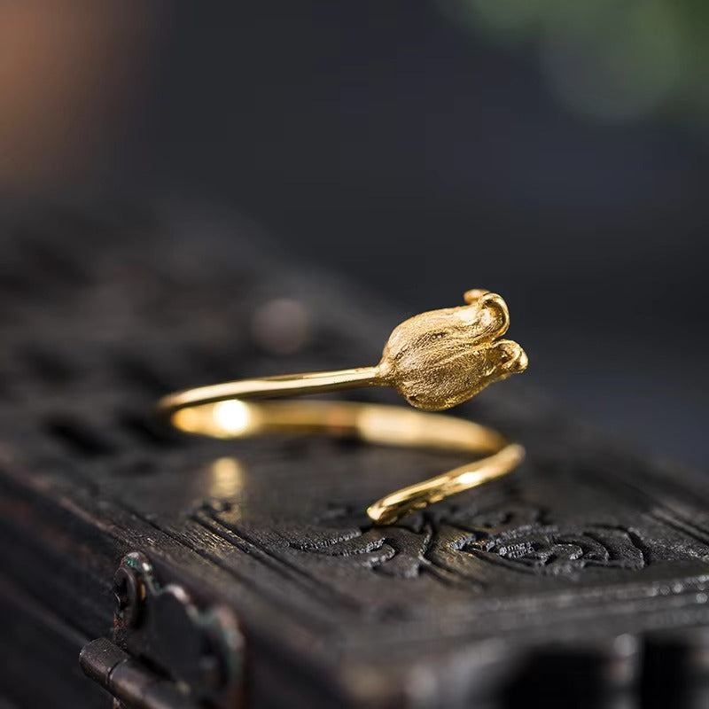 Prity Jewel Tulip Flower Adjustable Ring – 925 Sterling Silver Minimalist Floral Ring