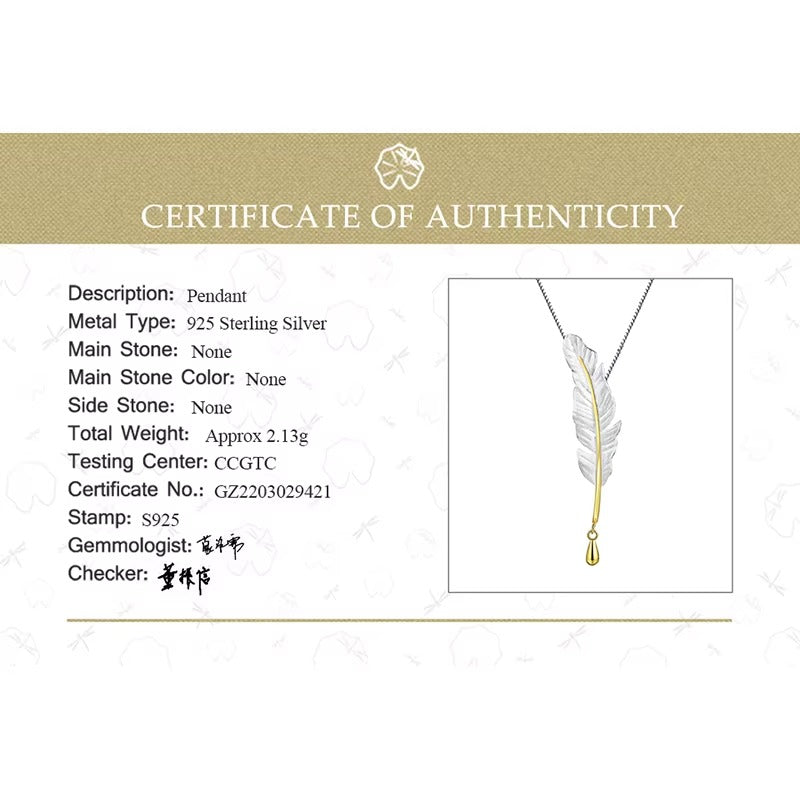 Prity Jewel Feather Pendant Necklace – 925 Sterling Silver & Gold Accent Vintage Feather Jewelry