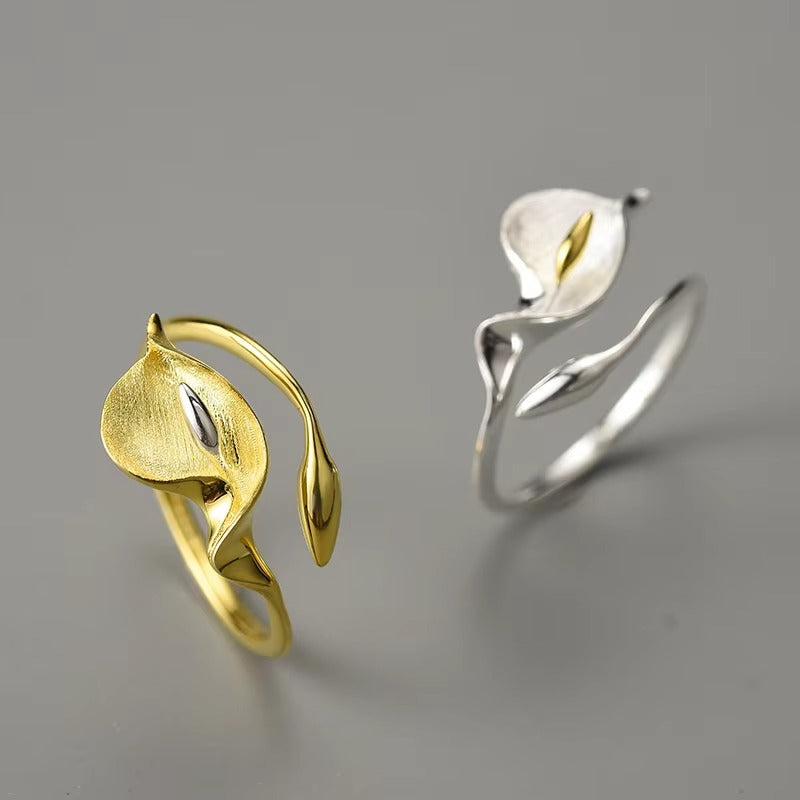 Prity Jewel Calla Lily Adjustable Ring – 925 Sterling Silver 18K Gold Plated Floral Ring