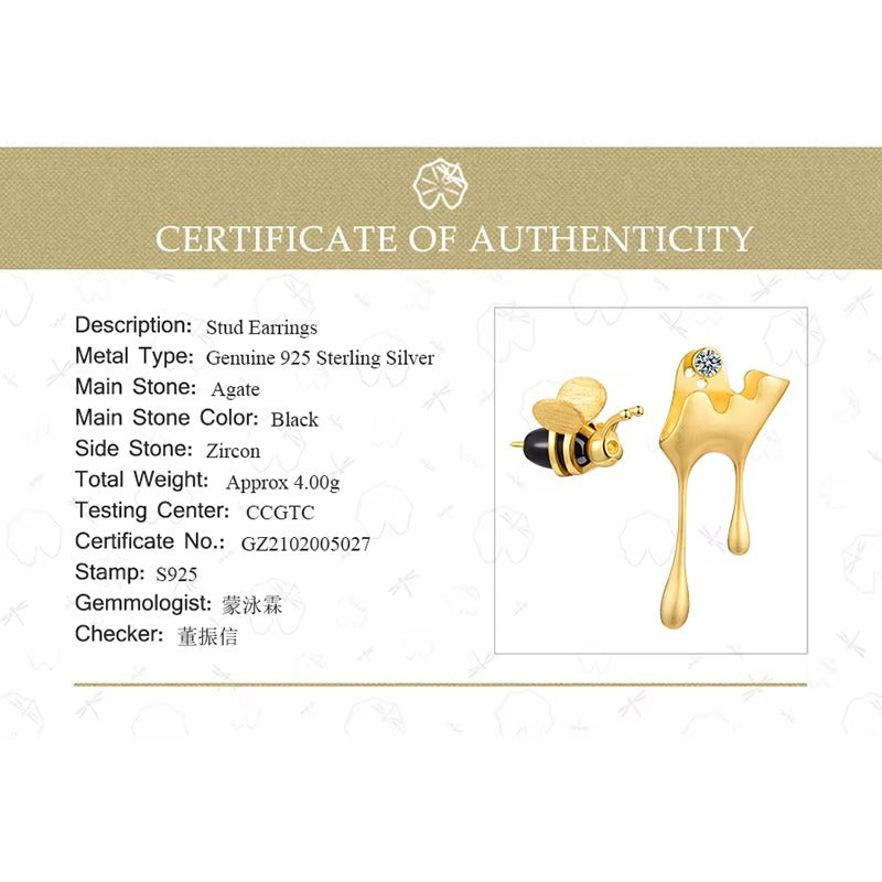 Prity Jewel Bee & Honey Drip Asymmetric Stud Earrings – 925 Sterling Silver 18K Gold Plated Designer Earrings