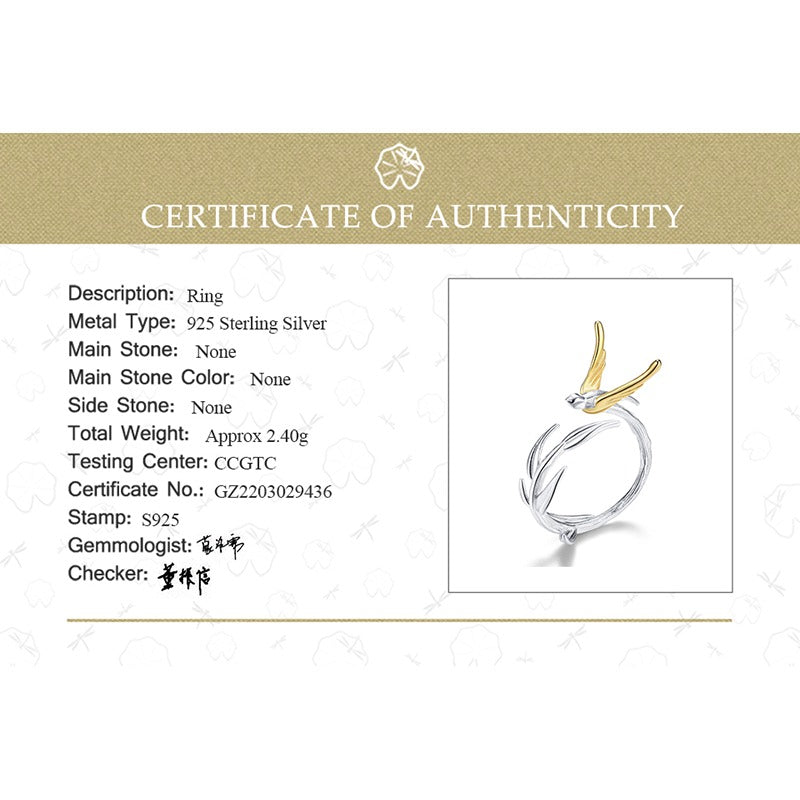 Prity Jewel Swallow & Willow Branch Ring – 925 Sterling Silver 18K Gold Plated Asymmetrical Nature Ring