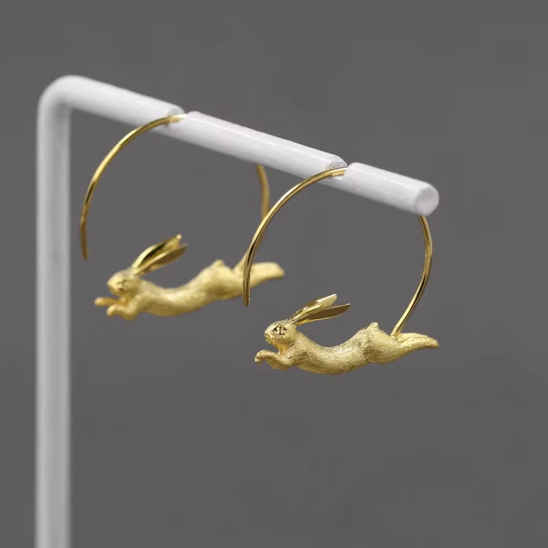 Prity Jewel Running Bunny Hoop Earrings – 925 Sterling Silver Gold Vermeil Cute Animal Hoops