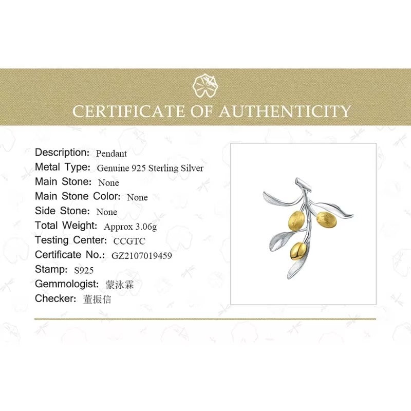 Prity Jewel Olive Branch Pendant – 925 Sterling Silver & Gold Fruit Leaf Charm