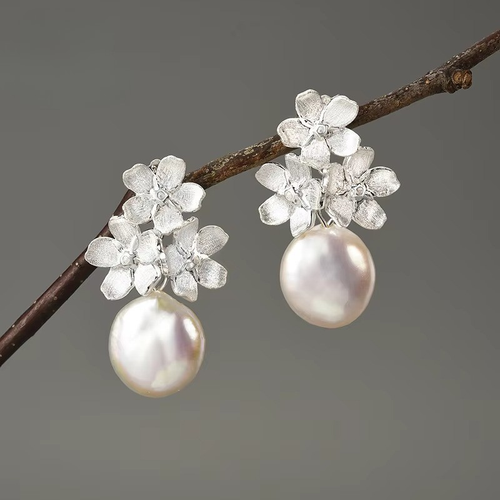 Prity Jewel Baroque Pearl Forget-Me-Not Flower Earrings – 925 Sterling Silver Floral Drop Earrings