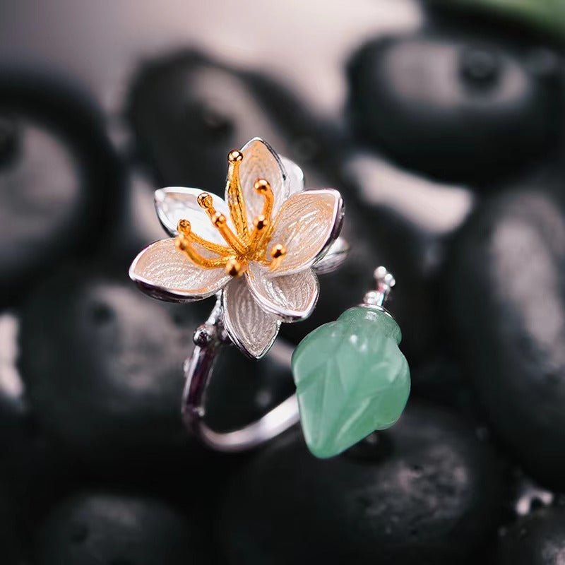 Prity Jewel Aventurine Lotus Flower Ring – 925 Sterling Silver Green Gemstone Adjustable Ring