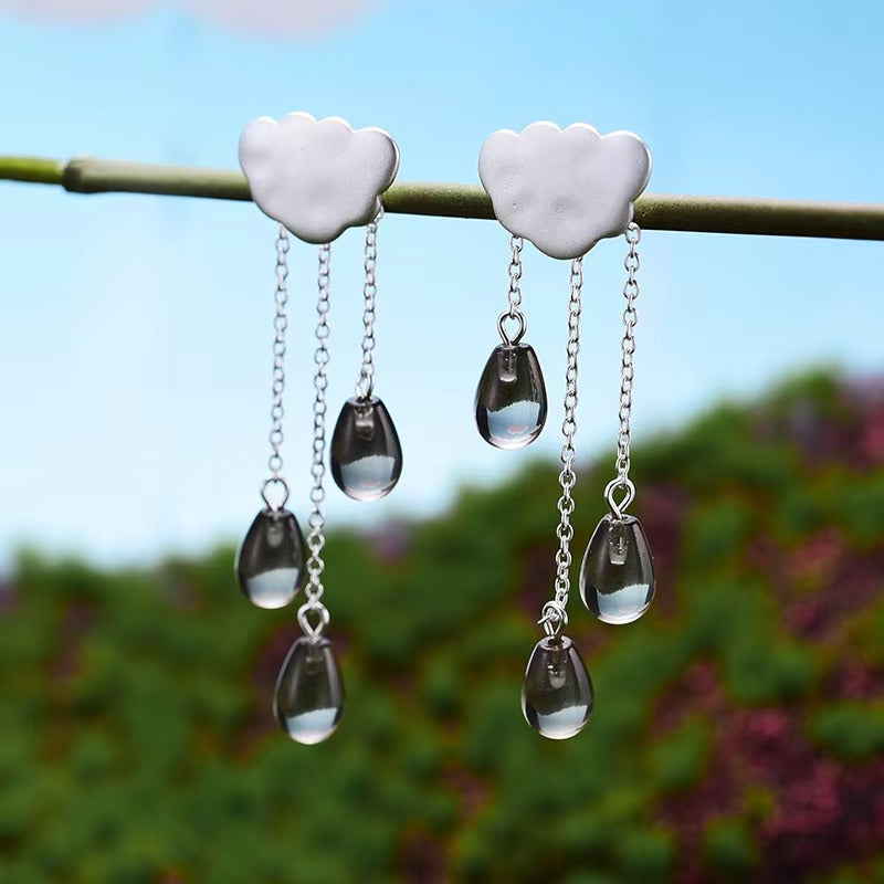 Prity Jewel Cloud Tassel Drop Earrings – 925 Sterling Silver Blue Crystal Long Dangle Earrings
