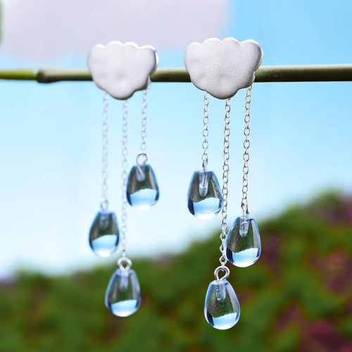 Prity Jewel Cloud Tassel Drop Earrings – 925 Sterling Silver Blue Crystal Long Dangle Earrings
