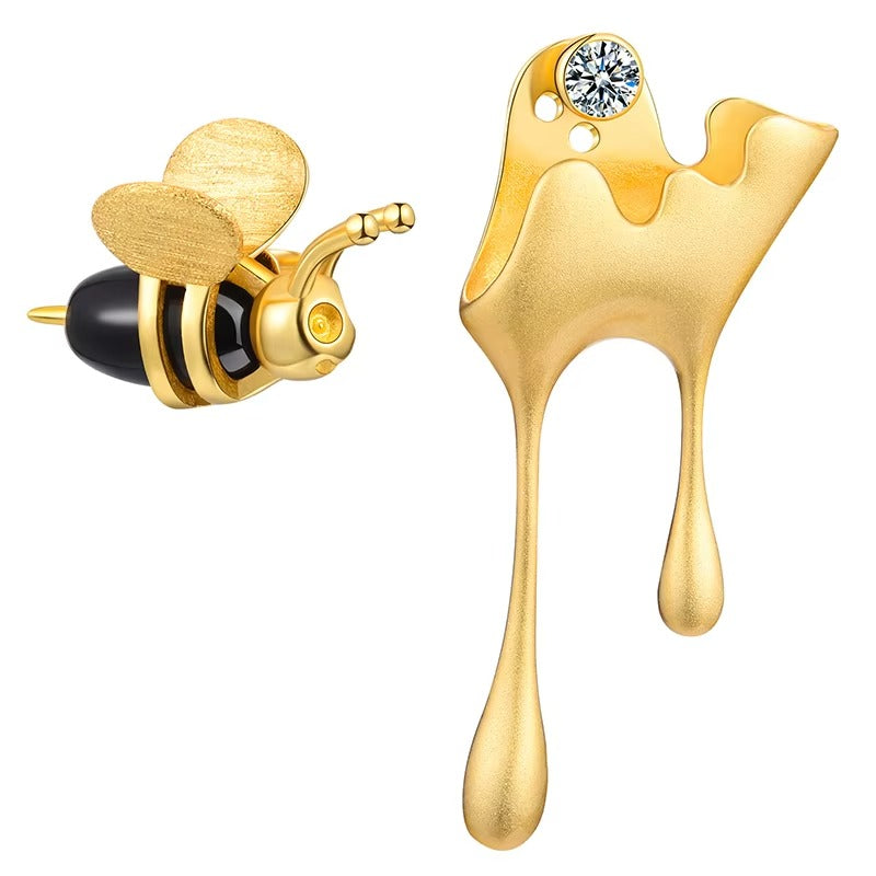Prity Jewel Bee & Honey Drip Asymmetric Stud Earrings – 925 Sterling Silver 18K Gold Plated Designer Earrings