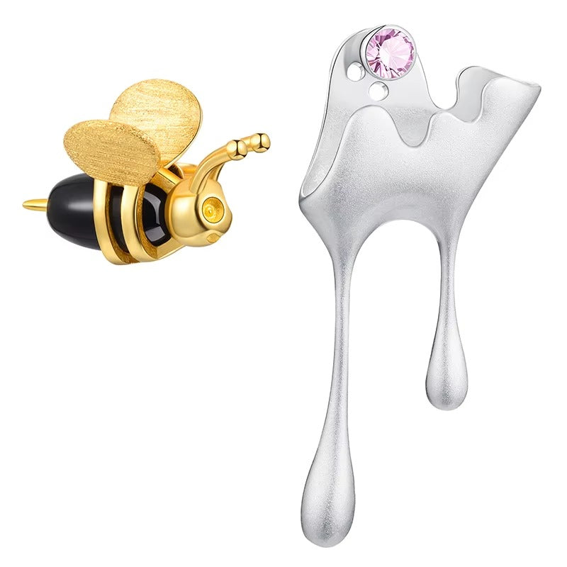 Prity Jewel Bee & Honey Drip Asymmetric Stud Earrings – 925 Sterling Silver 18K Gold Plated Designer Earrings
